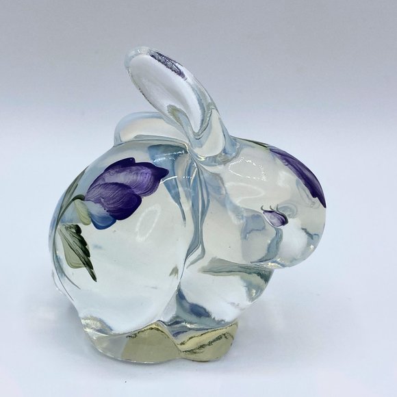Pretty Fenton Glass Opalescent Hand Painted Lavender Floral Bunny Rabbit Signed